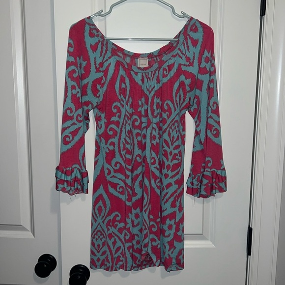 Hershe Vintage Y2K Pink & Blue Damask Tunic Top size Small Hippie Boho - Picture 1 of 6